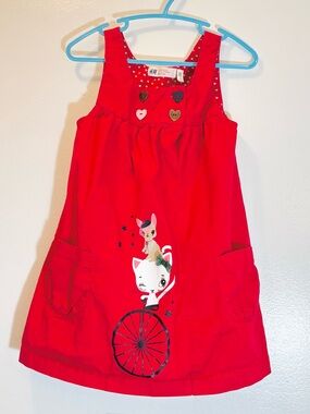 H&M Girls Cherry Red Whimsical Cat Bicycle Jumper Dress Summer 2-3T Coquette